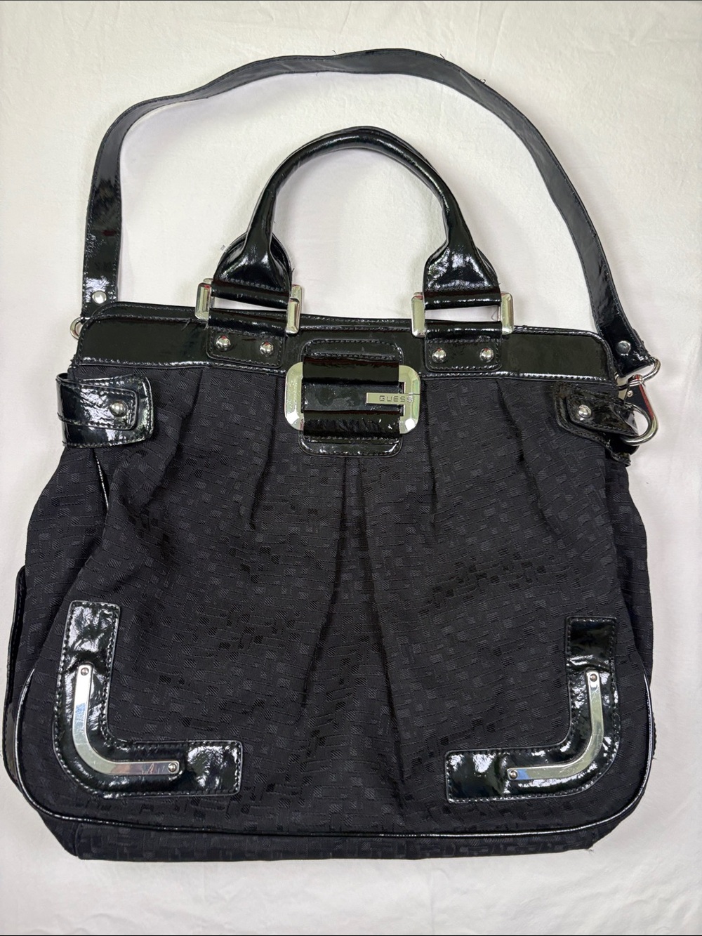 GUESS Black Quilted Tote with Patent Trim and Silver Hardware